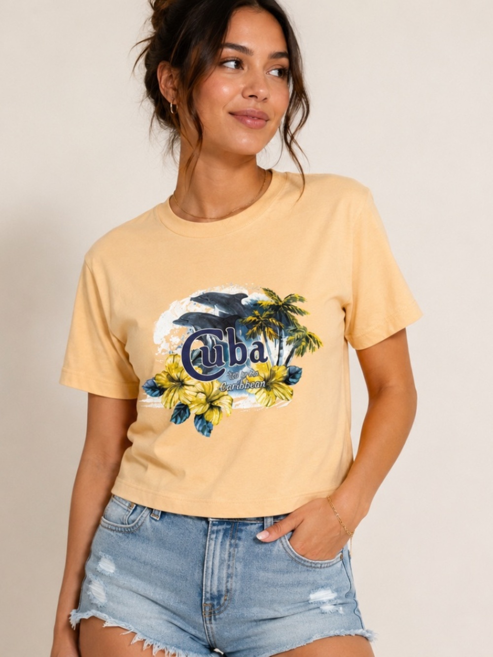 Nordstrom Rack Women's Yellow Cuba Graphic Cropped T-Shirt, size XL